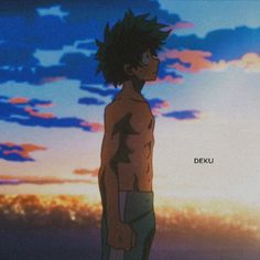 a man standing in front of a sunset with the words deku written on it