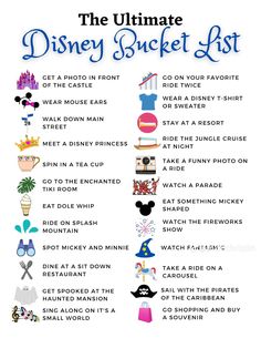 the ultimate disney bucket list is shown in blue and white, with images of characters