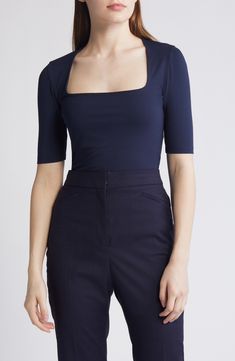 Sleek, simple and versatile, this top is cut for a figure-skimming fit from a soft, smooth knit that pairs well with casual or more polished looks. Square neck Elbow-length sleeves 73% modal, 21% polyamide Machine wash, dry flat Made in Portugal Cozy Loungewear, Square Neck Top, Elbow Sleeve, Elbow Length Sleeve, Polished Look, Stylish Dresses, Black Blouse, Square Neck, Hair Inspo