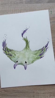 a drawing of a bird with purple flowers on it's head and wings flying in the air