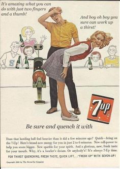 an old advertisement for 7up beer with a man and woman dancing in front of them