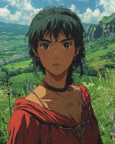 an anime character standing in the grass with mountains in the backgrouds behind her