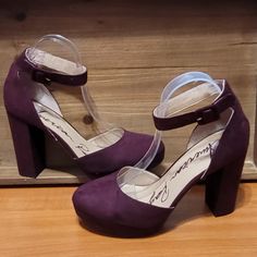 Plum Platform Closed Toe Pumps Microfiber Size 9.5 New Never Worn Ankle Strap Heels In Synthetic For Fall, Synthetic Ankle Strap Heels For Fall, Ankle Strap Heels For Fall, Burgundy Round Toe Heels For Spring, Burgundy Closed Toe Heels For Spring, Burgundy Block Heel Heels For Spring, Spring Burgundy Heels Of Medium Width, Burgundy Block Heels For Spring, Spring Burgundy Block Heel Heels