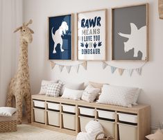 a child's room decorated in neutrals and whites, with posters on the wall