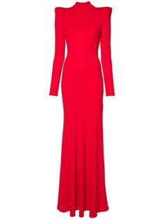 poppy red stretch-design satin finish concealed rear zip fastening high neck long sleeves fitted waistline shoulder pads floor-length straight hem Poppy Red, City Dress, High Neck Long Sleeve, Summer Beach Wear, Fitted Dress, Satin Finish, Shoulder Pads, Denim Dress, All Fashion