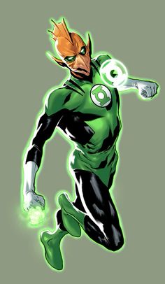 the green lantern is running with his arms out