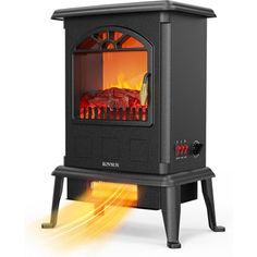 an electric stove with flames coming out of the front and side doors, on a white background