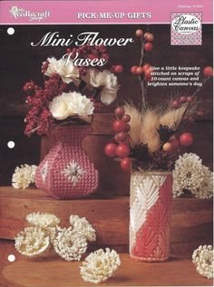 an advertisement for knitted flower vases with flowers in them