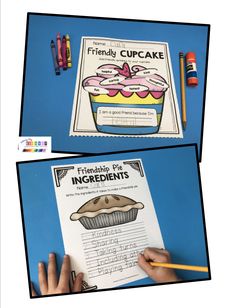 two pictures of cupcakes with colored crayons and pencils next to them