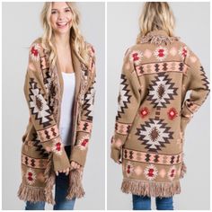 Tribal Print Cowichan Western Bohemian Boutique Cardigan With Long Sleeves, Side Pockets, And Fringe Details. - Open-Front, Non-Sheer, Heavy Weight. - Models Are Wearing A Small. Fabric 42% Acrylic 30% Polyester 28% Nylon Sizing: Small Fits: 0-4 Medium Fits: 6-8 Large Fits: 8-10 Our Boutique Is Filled With A Curated Collection Of Styles: Spell Gypsy Boho Bohemian Hippie Retro Vintage Handmade Coachella Festival Free People Anthropologie Johnny Was Urban Outfitters Western Aztec Tribal Floral Vac Beige Fair Isle Sweater For Fall, Bohemian Knit Cardigan With Fair Isle Pattern, Bohemian Fair Isle Knit Cardigan, Bohemian Brown Knit Outerwear, Bohemian Fair Isle Pattern Cardigan For Fall, Bohemian Fair Isle Cardigan For Fall, Beige Long Sleeve Outerwear With Fair Isle Pattern, Beige Fair Isle Patterned Long Sleeve Outerwear, Beige Fair Isle Long Sleeve Outerwear