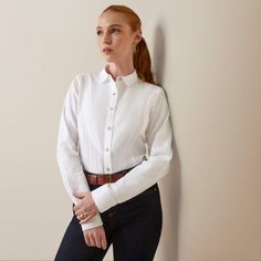 Muir Blouse | Ariat Timeless Collared Blouse With Buttons, Timeless Office Blouse With Button Closure, Timeless Fall Button-up Tops, Timeless Spring Tops With Button Closure, Classic Blouse With Button Closure And Fold Down Collar, Classic Blouse With Button Closure And Fold-down Collar, Classic Blouse With Button Closure For Daywear, Timeless Buttoned Workwear Blouse, Timeless Button-up Blouse For Work