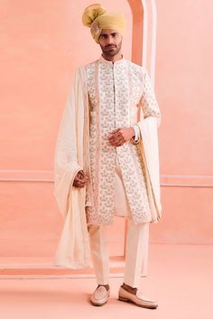 Buy Off White Matka Silk Sherwani Set For Men by Siddartha Tytler Online at Aza Fashions. Sawan Gandhi, Raw Silk Embroidery, Silk Embroidery, Buy Gold, Churidar, Designer Gowns