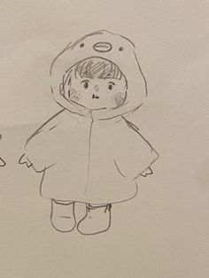 a child's drawing of a girl in a raincoat holding a teddy bear