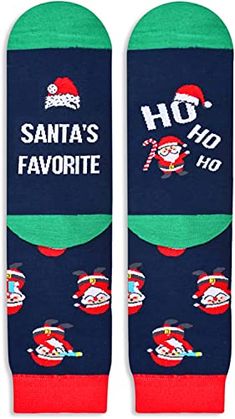 Santa SocksOur Santa socks feature various jolly depictions of Santa Claus, from holding candy canes to dancing happily, on a vibrant black background. The bottom is sewn with a hilarious hidden message: "SANTA’S FAVORITE HO HO HO".Size & PackageOur unisex design fits most men's US size 6-13 feet and most women's US size 7 and up. Each exclusive gift box contains one pair of funny socks.Quality MaterialOur novelty socks are made of 80% Cotton, 15% Polyamide, and 5% Elastane to ensure they are so Blue Christmas Socks For Stocking Stuffers, Fun Christmas Gift Socks, Novelty Winter Socks For Gift, Novelty Winter Socks As Gift, Novelty Winter Socks For Gifts, Novelty Socks For Winter Gift, Novelty Christmas Gift Socks, Fun Red Socks For Gifts, Radiologist Gifts