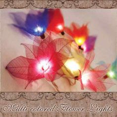 four colorful lights in the shape of leaves on top of a white background with an ornate border