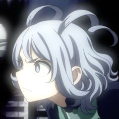 an anime character with grey hair and blue eyes looks at something in the distance behind her