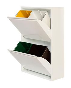 a white shelf with three bins and two different colored boxes on it's sides