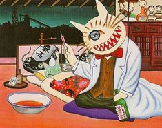 a painting of a man eating food with an evil face on his head and mouth