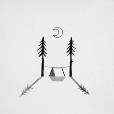 a drawing of two trees and a tent with a moon in the sky above it