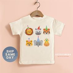 Highest Quality 🌟 Our onesies and toddler tees are printed using kid-safe ink on Gerber, Bella Canvas, and Gilden brands to keep your baby feeling cozy and allergy-free.  Love It Guarantee😍 We've crafted our refunds and exchanges policy with your satisfaction in mind, and we guarantee that your experience with us will be easy and worry-free. If you don't love it, we've got you covered for up to 15 days! Shipping and Production 📦 -- Orders are made the same day -- Ships the next day!  -- USPS Party Animal Birthday, Animal Theme Birthday, Birthday Party Outfit, Animals Design, Design Birthday, Birthday Party Outfits, Theme Birthday Party, Party Animal, Birthday Tshirts