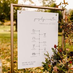 a white sign sitting on top of a lush green field covered in leaves and flowers