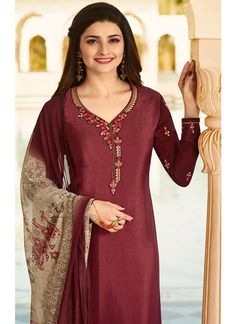 Maroon Embroidered Crepe Suit features a beautiful crepe suit alongside a santoon bottom. A chiffon dupatta completes the look. Embroidery work is completed with zari and thread. Crepe Suits Designs Latest, Crepe Suits Designs, Silk Kurta Designs Women Classy, Collar Neck Embroidery Designs, Neck Embroidery Designs For Kurtis, Embroidery Designs For Kurtis, Designs For Kurtis, Salwar Suit Neck Designs, Neck Embroidery Designs