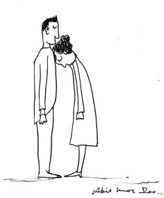 a black and white drawing of a man kissing a woman