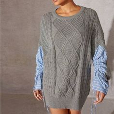 Super Cute And Stylish Ships In 5-10 Business Days Long Sleeve Cable Knit Top, Casual Patchwork Sweater Dress, Cable Knit Long Sleeve Top For Layering, Oversized Cable Knit Tops For Layering, Long Sleeve Patchwork Sweater Dress For Fall, Spring Cable Knit Top For Layering, Fitted Knit Sweater With Patchwork, Knit Patchwork Sweater For Layering, Long Sleeve Cable Knit Tops For Layering