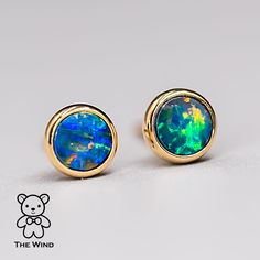 Australian Doublet Round Stud Earrings 18k Yellow Gold | The Wind Opal Unique Promise Rings For Her, Black Opal Engagement Ring, Opal Promise Ring, Unique Promise Rings, Opal Stud Earrings, Australian Black Opal, Opal Birthstone, Promise Rings For Couples, Opal Earrings Stud