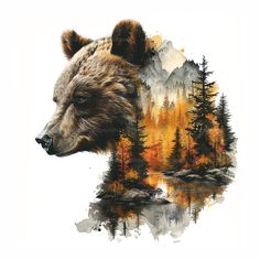 a painting of a bear's head with trees in the background and water below