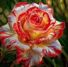 a red and white flower with green leaves in the background