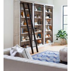 a ladder leaning against a bookcase in a living room