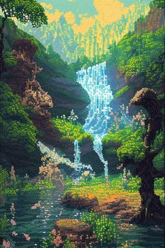 a pixel art painting of a waterfall in the woods