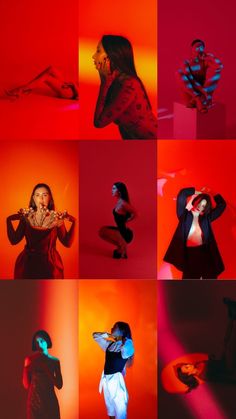 a series of photos with different colored images in the same photo, one woman is dancing