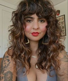 Shag With Curly Hair, Curly Shag Balayage, Shoulder Length Shag Haircut Curly, Curly Shag With Highlights, Long Shag Haircut Choppy Layers Curly, Shaggy Shoulder Length Curly Hair, Curly Shag Medium Length, Curly Medium Length Hair With Bangs, Natural Curly Shag