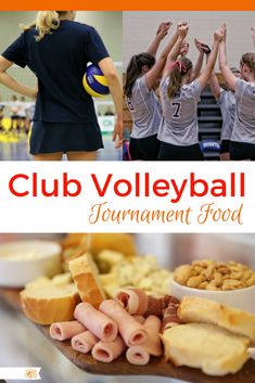 a collage of photos with women's volleyball and food