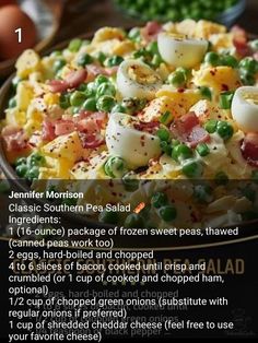 the recipe for this dish includes eggs, peas and ham