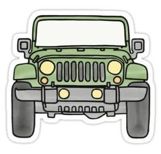 a green jeep sticker with the hood up and front lights turned on, sitting in front of a white background