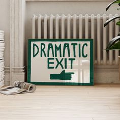 Dramatic Exit Funny Mid Century Modern Hand Painted Wall Art Print This 'Dramatic Exit' print would make a great addition to the wall art in your home or would make a perfect gift! Printed on high quality, 230gsm matte paper. A5 and A4 prints are packaged in a sleeve with cardboard backing and shipped in a 'do not bend' envelope. A3 prints are shipped flat in a sturdy cardboard flat box or rolled up in a tube if going outside of the U.K. All of the prints are made to order and printed in my home studio in the U.K.Please note prints come unframed.Any questions, please don't hestiate to ask! A5, A4, A3Green, Blue, Red, Black Printed on high quality 230gsm matte smooth paper Painted Wall Decor, Poster Dark, Painted Wall Art, Low Poly Games, Pointing Hand, Mid Century Wall Art, Retro Typography, Hand Painted Wall Art