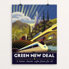 a poster with the words green new deal in front of a landscape and windmills