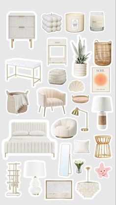 a collection of white furniture and lamps