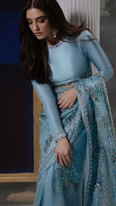 Blue Colour Saree, Denim Refashion, Crochet Patterns Ideas, Saree Wearing Styles, Sewing Collars, Maya Ali, Iqra Aziz, Traditional Indian Dress