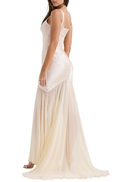 Bring sultry elegance to your next special event in this romantic gown that's made in panels of lustrous satin with sculptural seams that enhance your figure. The asymmetric skirt is made from floaty, sheer chiffon that flows into a dramatic sweeping train. Exclusive retailer Hidden back-zip closure Square neck Sleeveless Lined 75% acetate, 25% polyester with 100% polyester contrast Dry clean Imported House Of Cb Vittoria, Romantic Gown, Vintage Lace Weddings, Ivory Gown, Long Gowns, House Of Cb Dresses, Asymmetric Skirt, Dark Feminine, Floor Length Gown