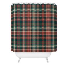 a red and green plaid shower curtain