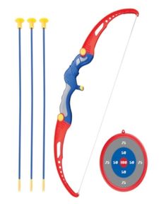 a toy archery set with arrows, target and measuring tape next to it on a white background