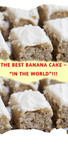 the best banana cake in the world is made with white frosting on it's edges