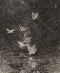 a drawing of some birds flying over water