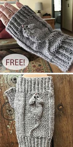 two pictures showing the same pair of knitted mitts, one with a face on it