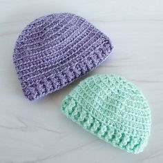 two crocheted hats with the text quick crochet baby hat pattern