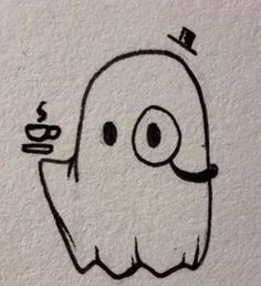 a drawing of a ghost with a cup of coffee in his hand and a top hat on its head